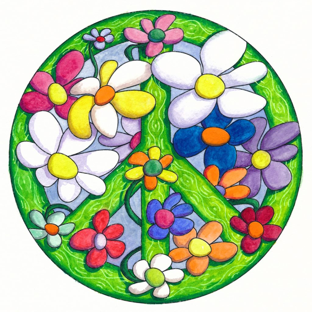 bright green peace sign with simple, colorful flowers coming out of the spaces. Has a 60s hippie vibe to it.